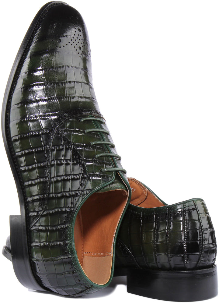 JUSTINREESS Andre Chaussures Brogue à lacets en cuir imprimé croco pour hommes en vert
