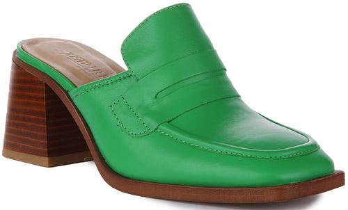 JUSTINREESS Charlie Zapatos mule con tacón en bloque de piel para mujer en verde