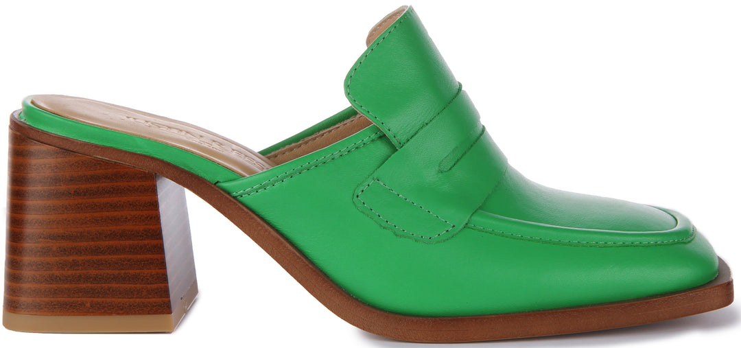 JUSTINREESS Charlie Scarpe mule con tacco a blocco in pelle da donna in verde