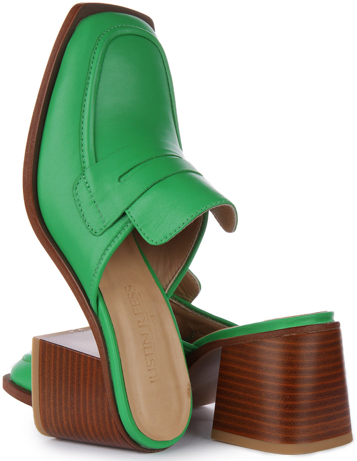 JUSTINREESS Charlie Scarpe mule con tacco a blocco in pelle da donna in verde