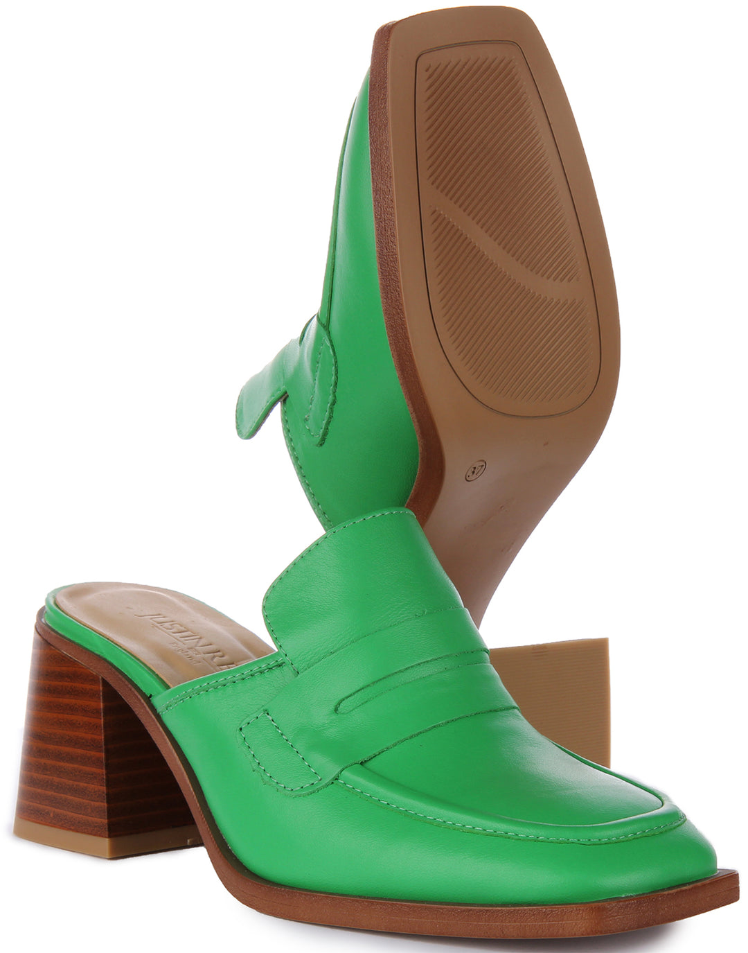 JUSTINREESS Charlie Zapatos mule con tacón en bloque de piel para mujer en verde