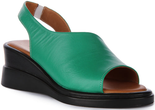 JUSTINREESS Nessa Sandales à talons compensés en cuir peep toe pour femmes en vert