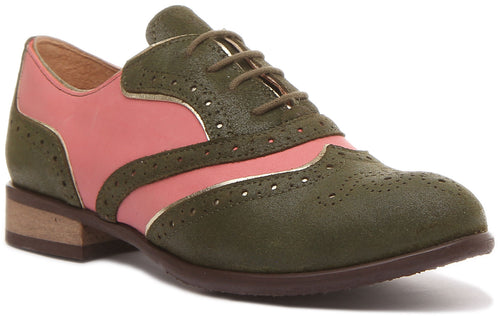 JUSTINREESS Roxana Zapatos brogue de piel con cordones para mujer en verde rosa