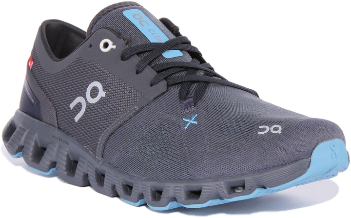 On Running Cloud X 3 Chaussures de course en maille à lacets pour hommes en gris bleu