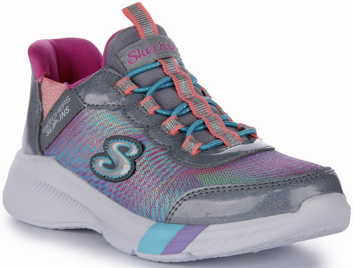 Skechers Slip-Ins Dreamy Lights- Colorful Prism Baskets à enfiler en maille synthétique pour enfants en gris rose