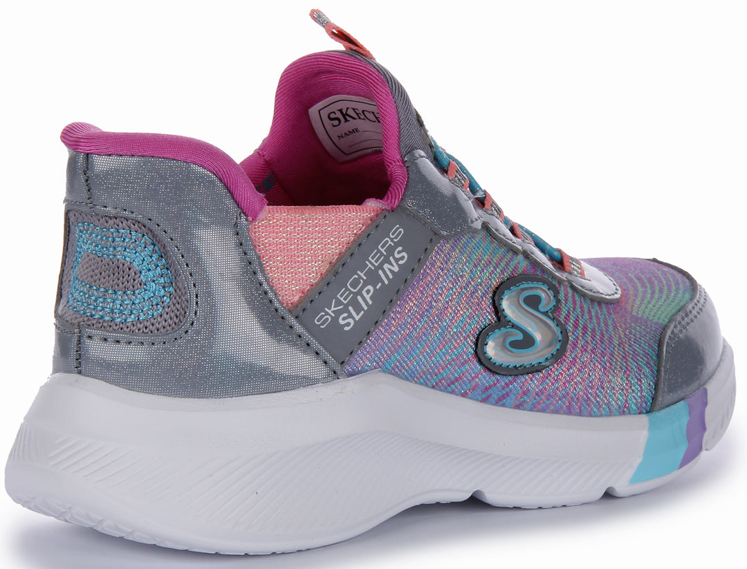 Skechers Slip-Ins Dreamy Lights- Colorful Prism Scarpe da ginnastica antiscivolo in rete sintetica per bambini in grigio rosa