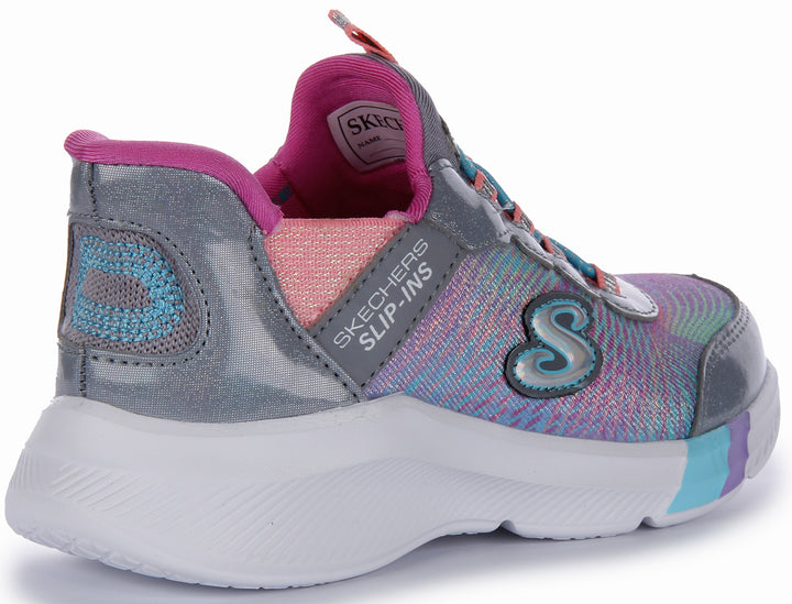 Skechers Slip-Ins Dreamy Lights- Colorful Prism Baskets à enfiler en maille synthétique pour enfants en gris rose