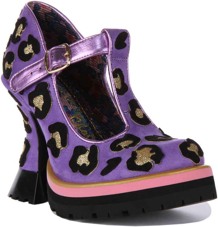 Irregular Choice Leopard Liaisons Chaussures à talon moyen de type Mary Jane pour femmes en lavande