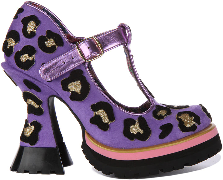 Irregular Choice Leopard Liaisons Chaussures à talon moyen de type Mary Jane pour femmes en lavande