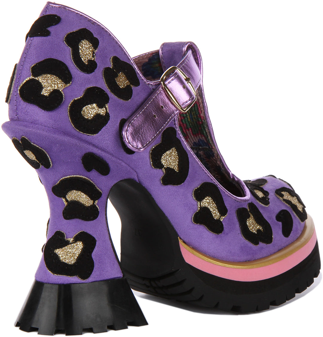 Irregular Choice Leopard Liaisons Chaussures à talon moyen de type Mary Jane pour femmes en lavande