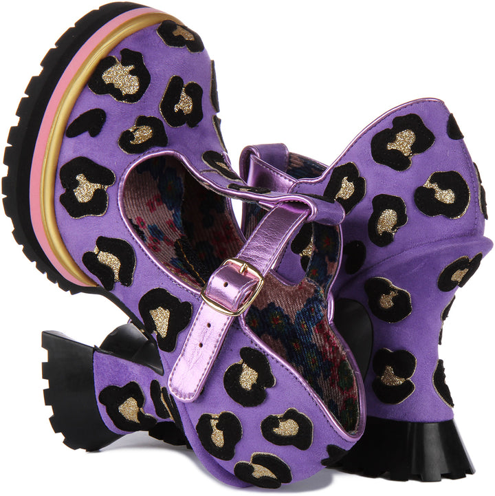 Irregular Choice Leopard Liaisons Chaussures à talon moyen de type Mary Jane pour femmes en lavande