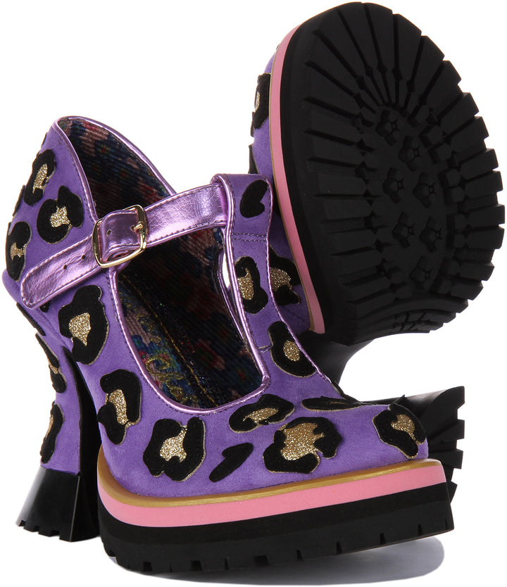 Irregular Choice Leopard Liaisons Chaussures à talon moyen de type Mary Jane pour femmes en lavande