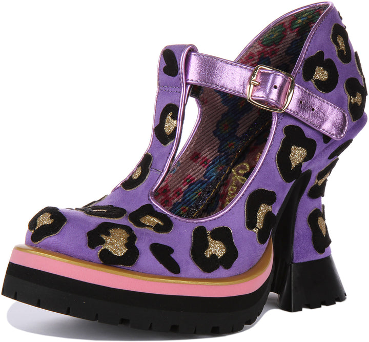 Irregular Choice Leopard Liaisons Chaussures à talon moyen de type Mary Jane pour femmes en lavande