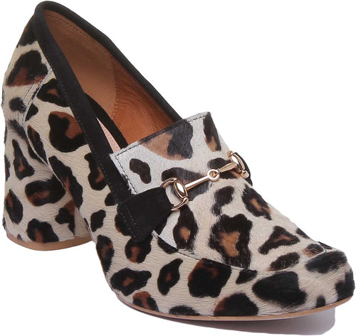 JUSTINREESS Alice Chaussures à talon bloc en cuir pour femmes en léopard