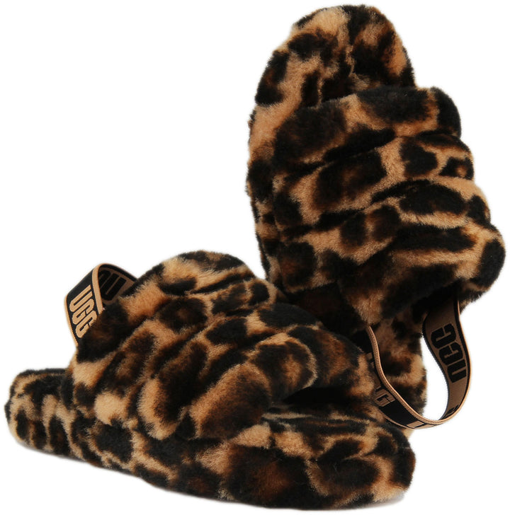 Ugg Fluff Yeah K der Schafsfell Pelz Slide Sandale mit Riemen Zurück Leopard