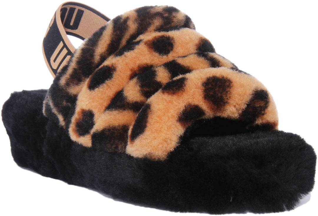 Ugg Fluff Yeah Sandales en peau de mouton avec dos élastiqué pour femmes en léopard