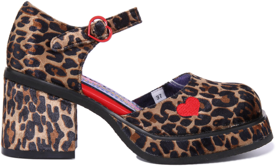 Irregular Choice Night Fever Frauen Samt Block Ferse Partei Schuhe Leopard