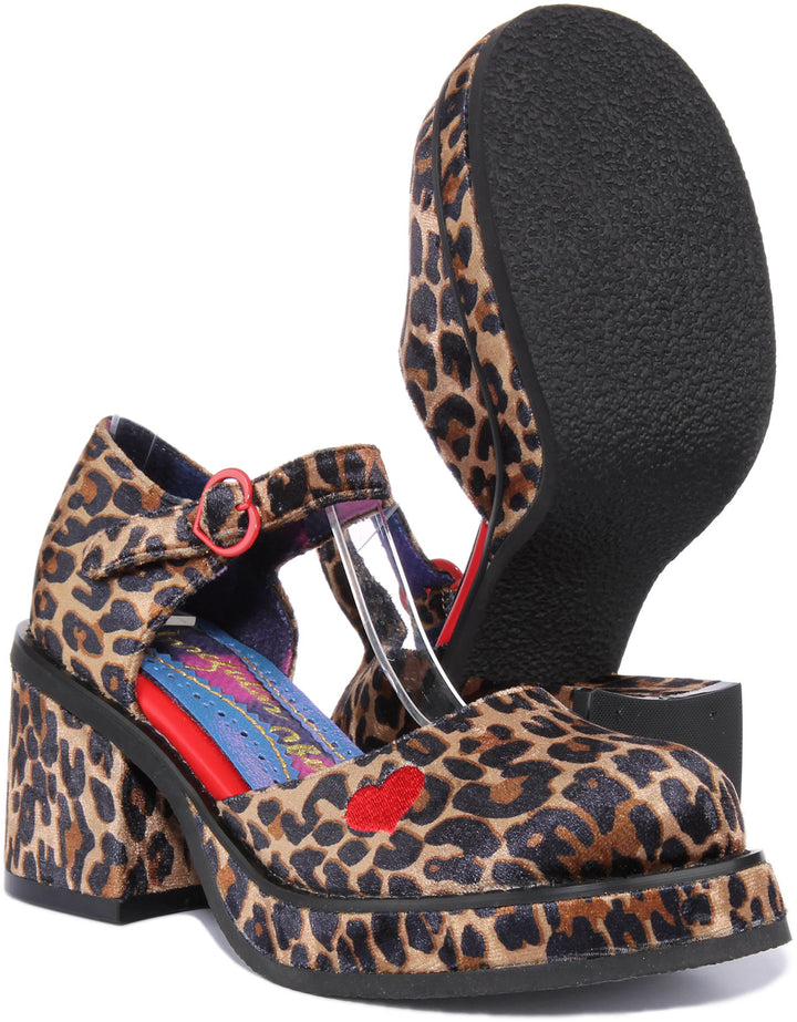 Irregular Choice Night Fever Chaussures de soirée en velours à talon bloc pour femmes en léopard