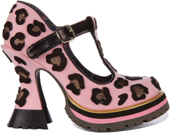 Irregular Choice Leopard Liaisons Chaussures à talon moyen de type Mary Jane pour femmes en rose clair