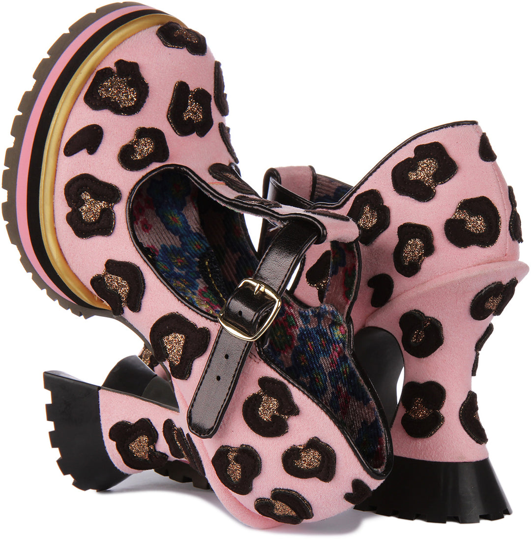 Irregular Choice Leopard Liaisons Chaussures à talon moyen de type Mary Jane pour femmes en rose clair