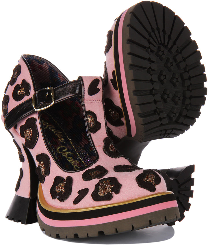 Irregular Choice Leopard Liaisons Chaussures à talon moyen de type Mary Jane pour femmes en rose clair