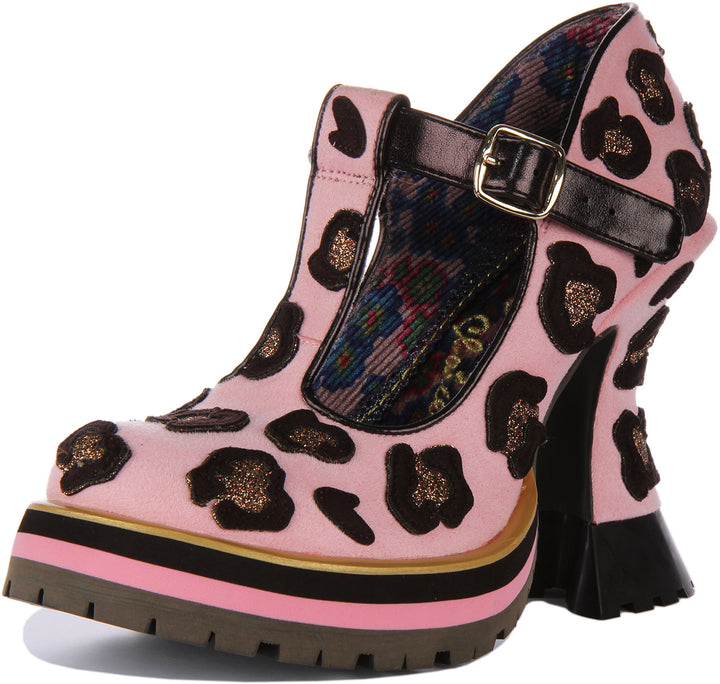 Irregular Choice Leopard Liaisons Chaussures à talon moyen de type Mary Jane pour femmes en rose clair