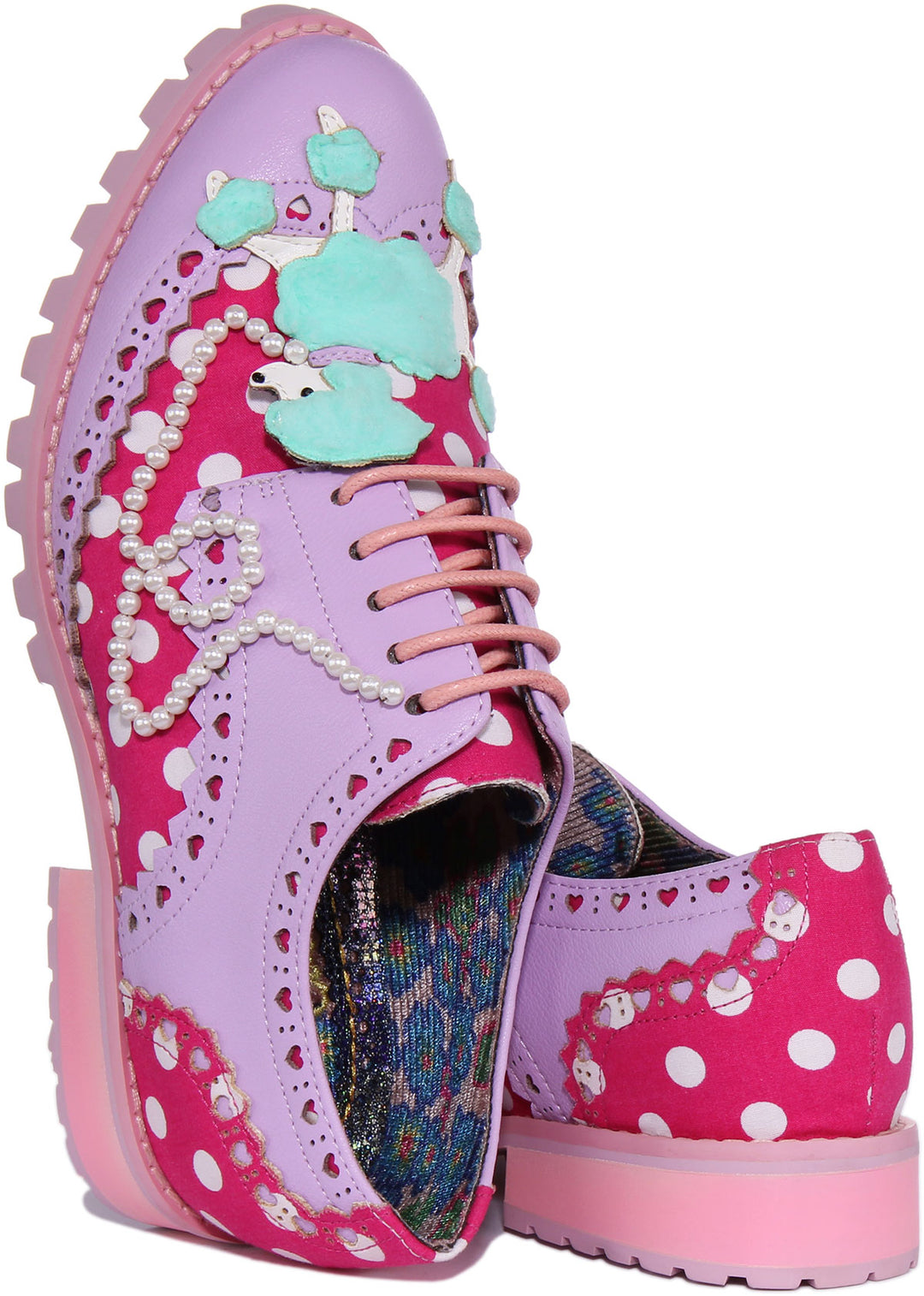 Irregular Choice Sockshop Sweetie Chaussures brogue en tissu perlé poodle pour femme en lilas
