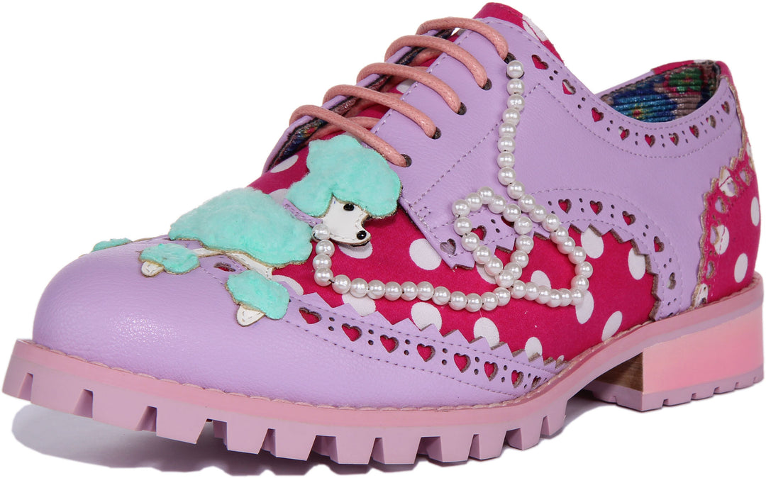 Irregular Choice Sockshop Sweetie Chaussures brogue en tissu perlé poodle pour femme en lilas