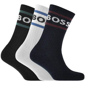 Boss 3P Rib Stripe Calcetines cortos de algodón de tres pares para hombre en multicolor