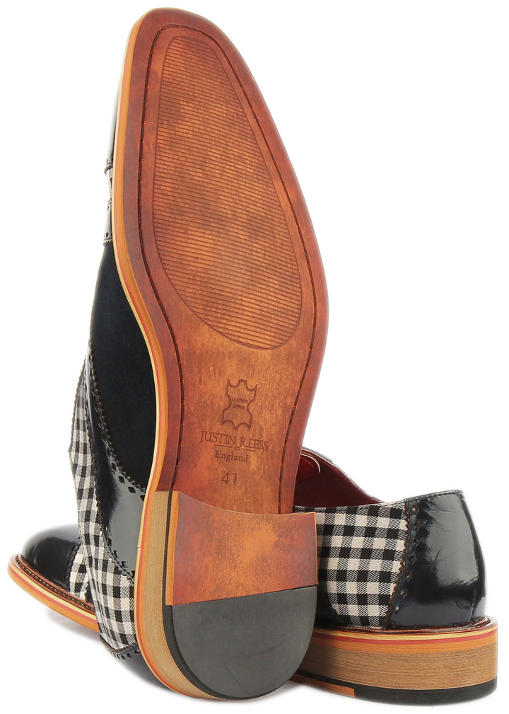 JUSTINREESS Danny Chaussures Oxford à lacets en cuir imprimé à carreaux pour hommes en marine