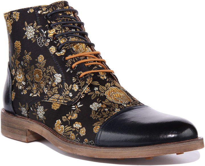 JUSTINREESS Adam Bottines à lacets en cuir à motifs floraux pour hommes en marine