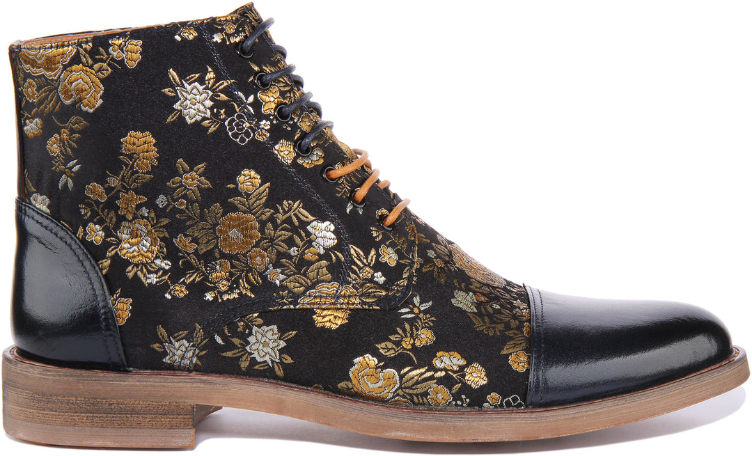 JUSTINREESS Adam Bottines à lacets en cuir à motifs floraux pour hommes en marine