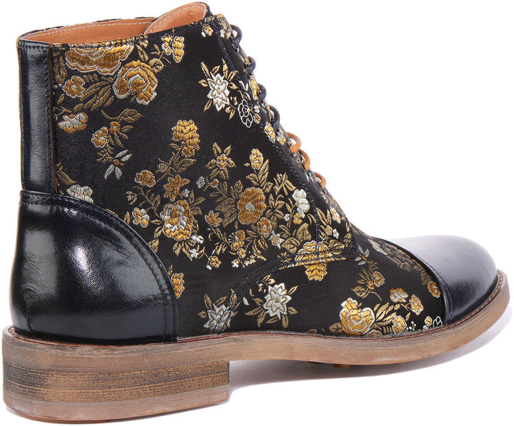 JUSTINREESS Adam Bottines à lacets en cuir à motifs floraux pour hommes en marine