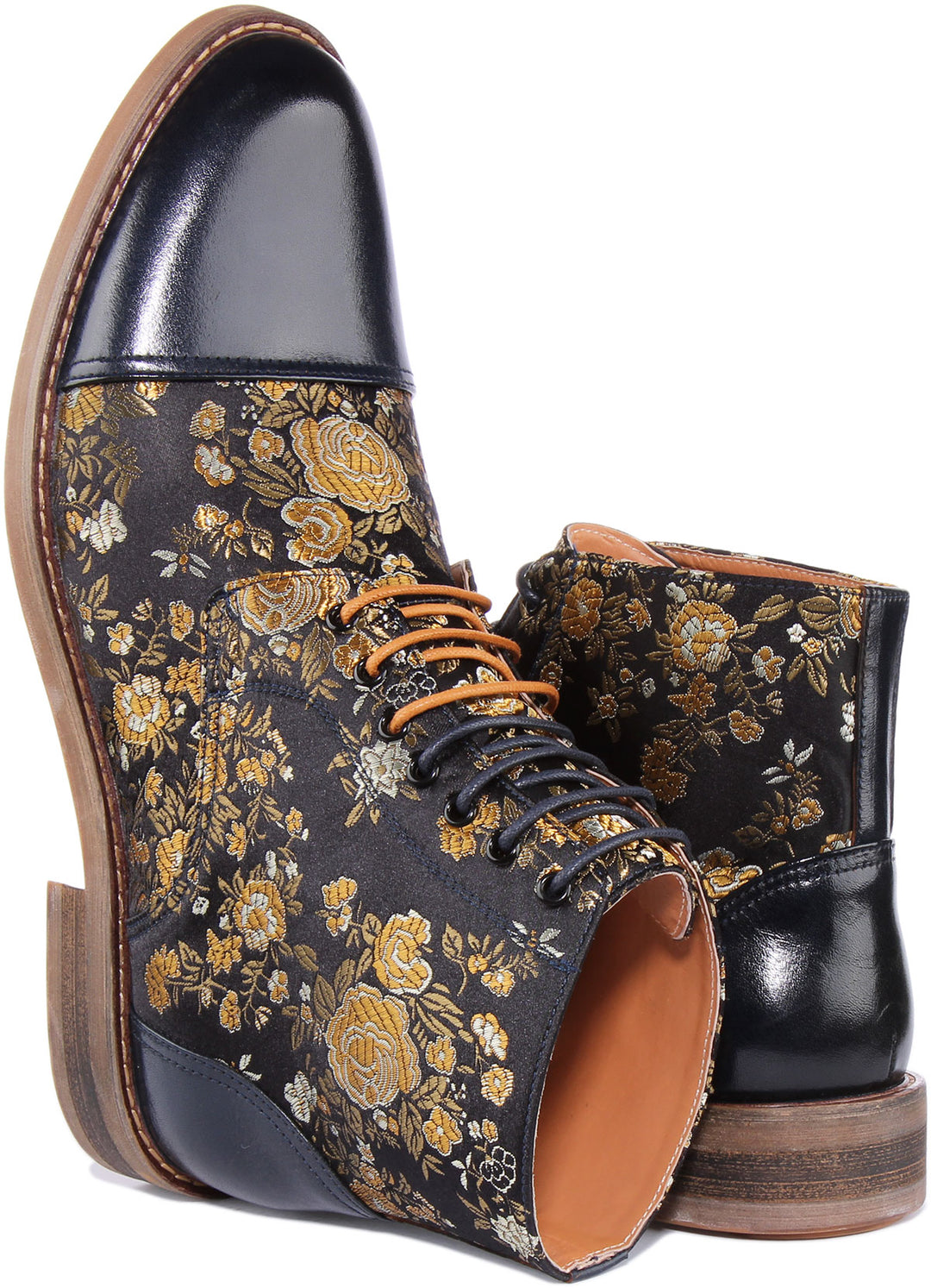 JUSTINREESS Adam Bottines à lacets en cuir à motifs floraux pour hommes en marine