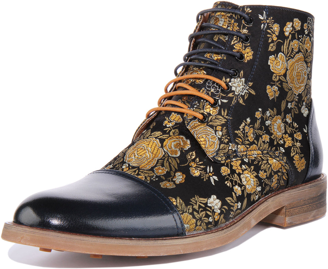 JUSTINREESS Adam Bottines à lacets en cuir à motifs floraux pour hommes en marine