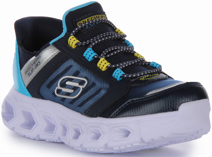 Skechers Hands Free Slip Ins Hypno Flash 2.0 Odelux Baskets en maille à enfiler et à lumière pour enfants en marine bleu