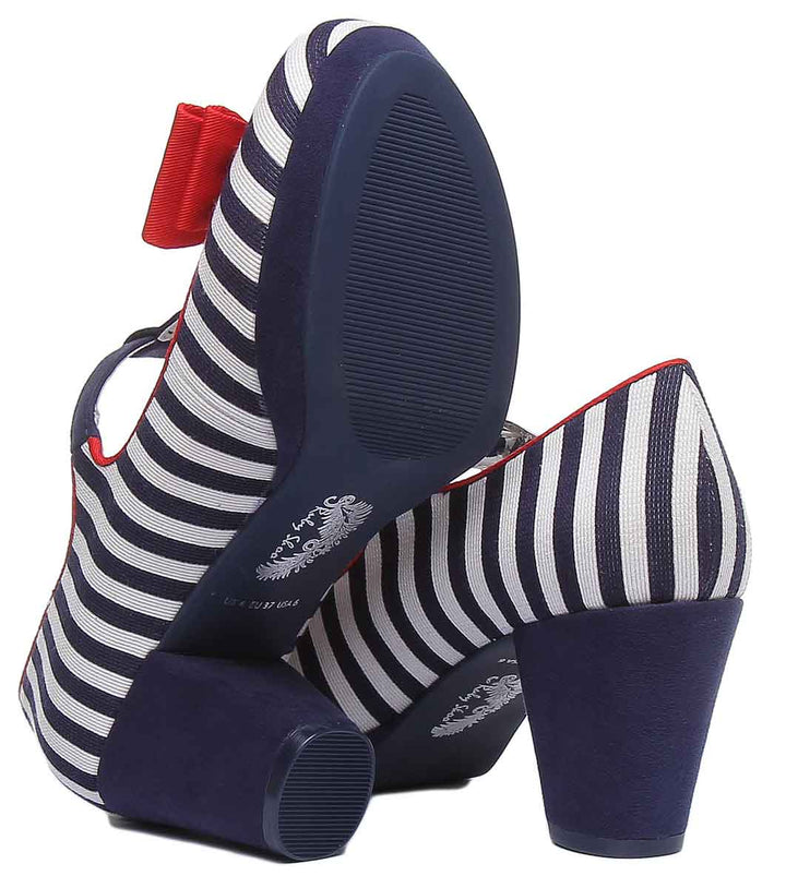 Ruby Shoo Jazz Zapatos tbar de tacón medio con lazo para mujer en marino blanco 