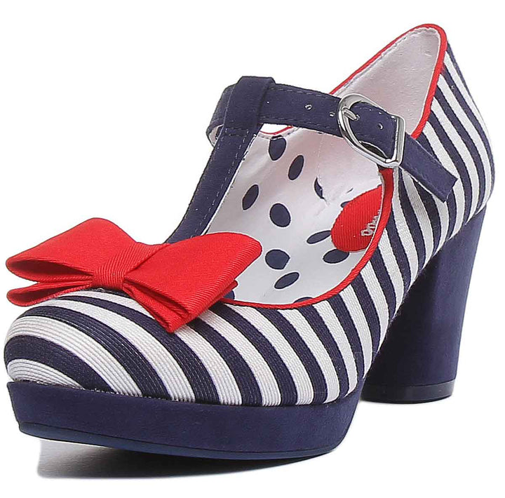 Ruby Shoo Jazz Zapatos tbar de tacón medio con lazo para mujer en marino blanco 