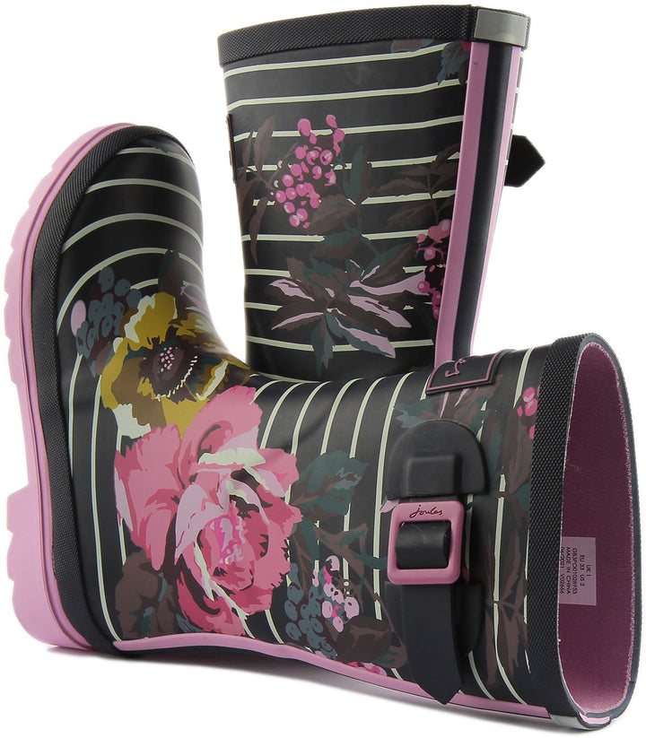 Joules JNR Roll Up Stivali Welly per bambini a strisce e con stampa floreale in marina bianco