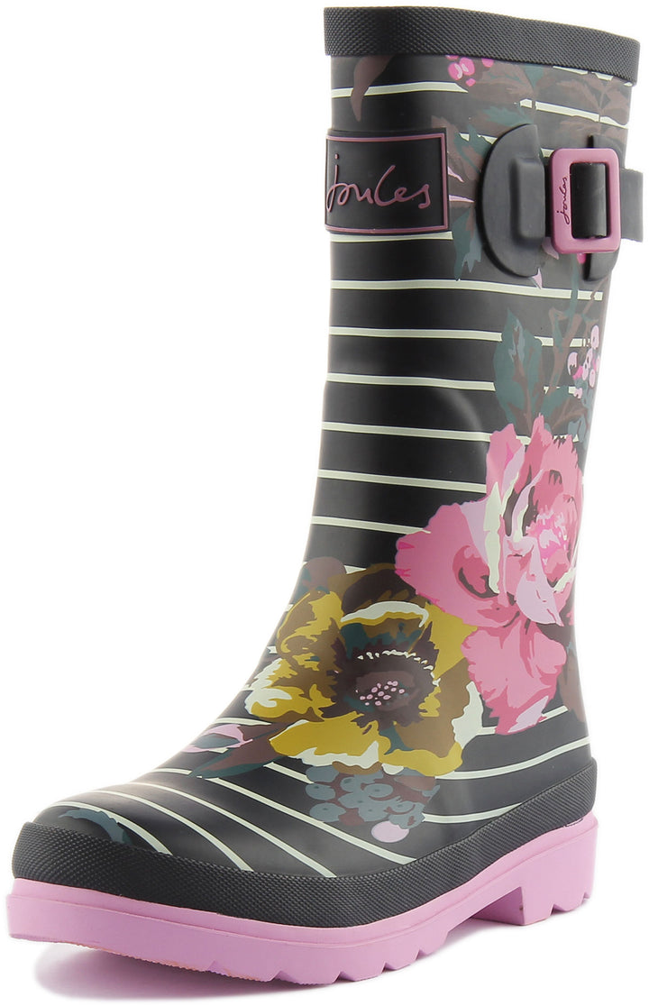 Joules JNR Roll Up Stivali Welly per bambini a strisce e con stampa floreale in marina bianco
