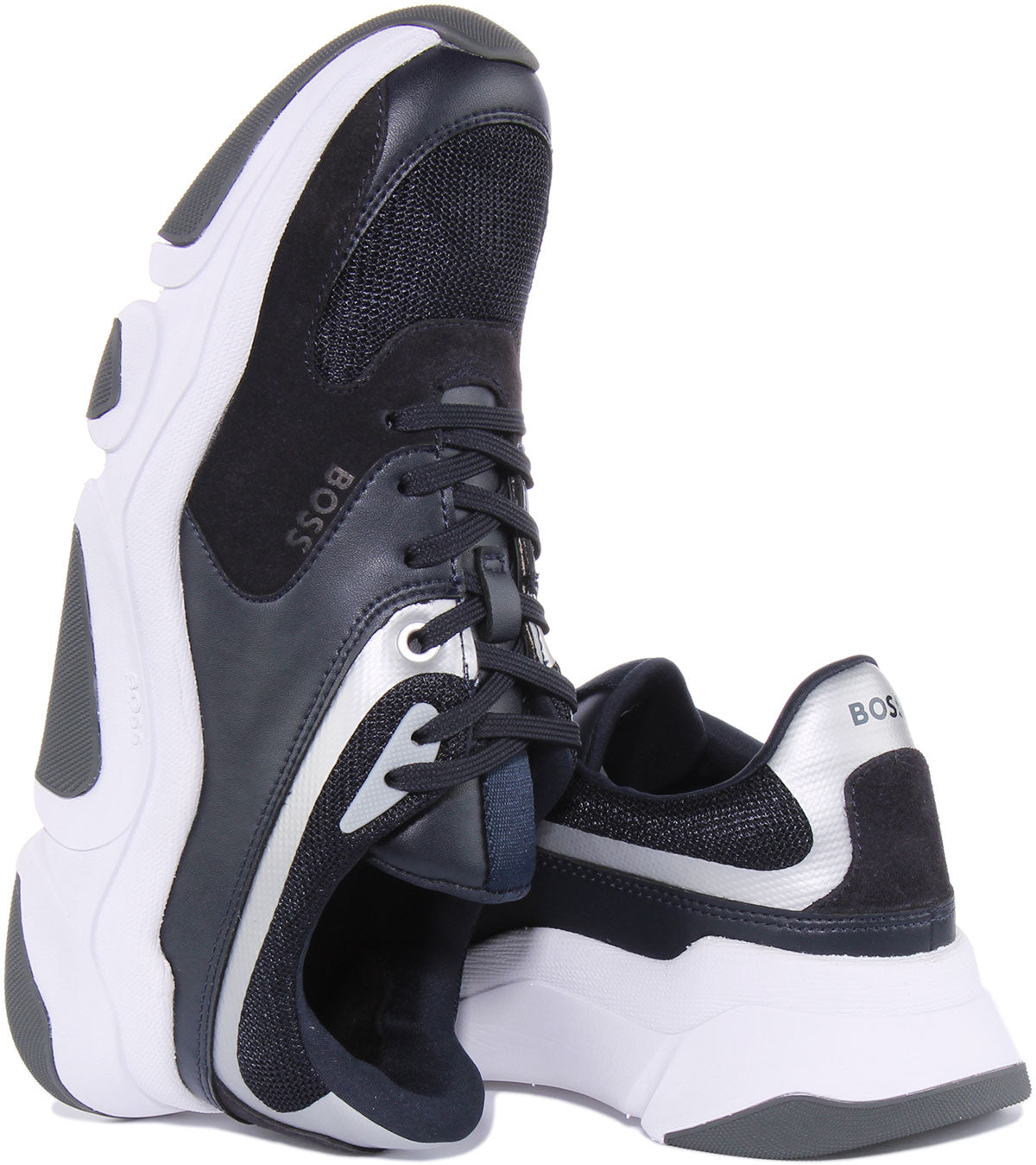 Boss Asher Run In Navy White For Men | Lace Up Mesh Trim On