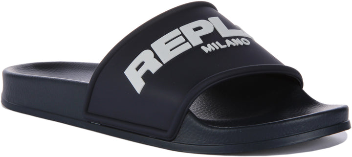 Replay Up Emboss Slider In Navy White For Men