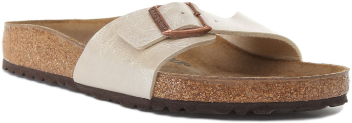 Birkenstock Madrid Sandalia Birko Flor con una sola tira de perla graciosa para mujer en blanco