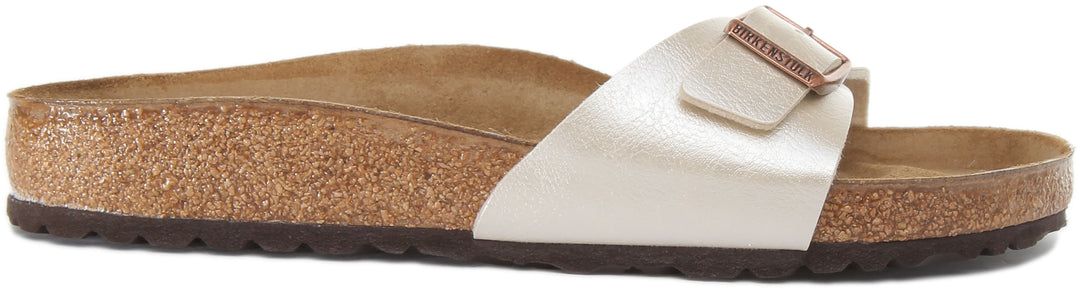 Birkenstock Madrid Sandalo da donna grazioso perla con cinturino singolo Birko Flor in bianco