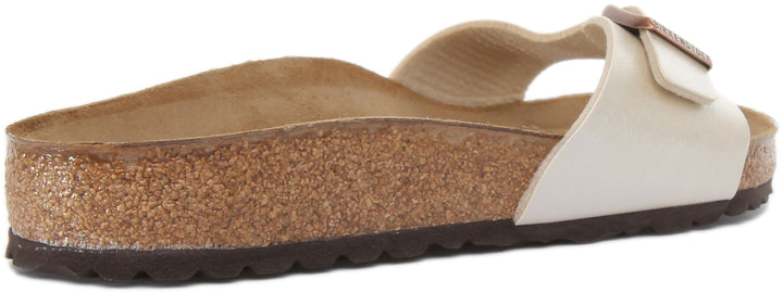 Birkenstock Madrid Sandalia Birko Flor con una sola tira de perla graciosa para mujer en blanco