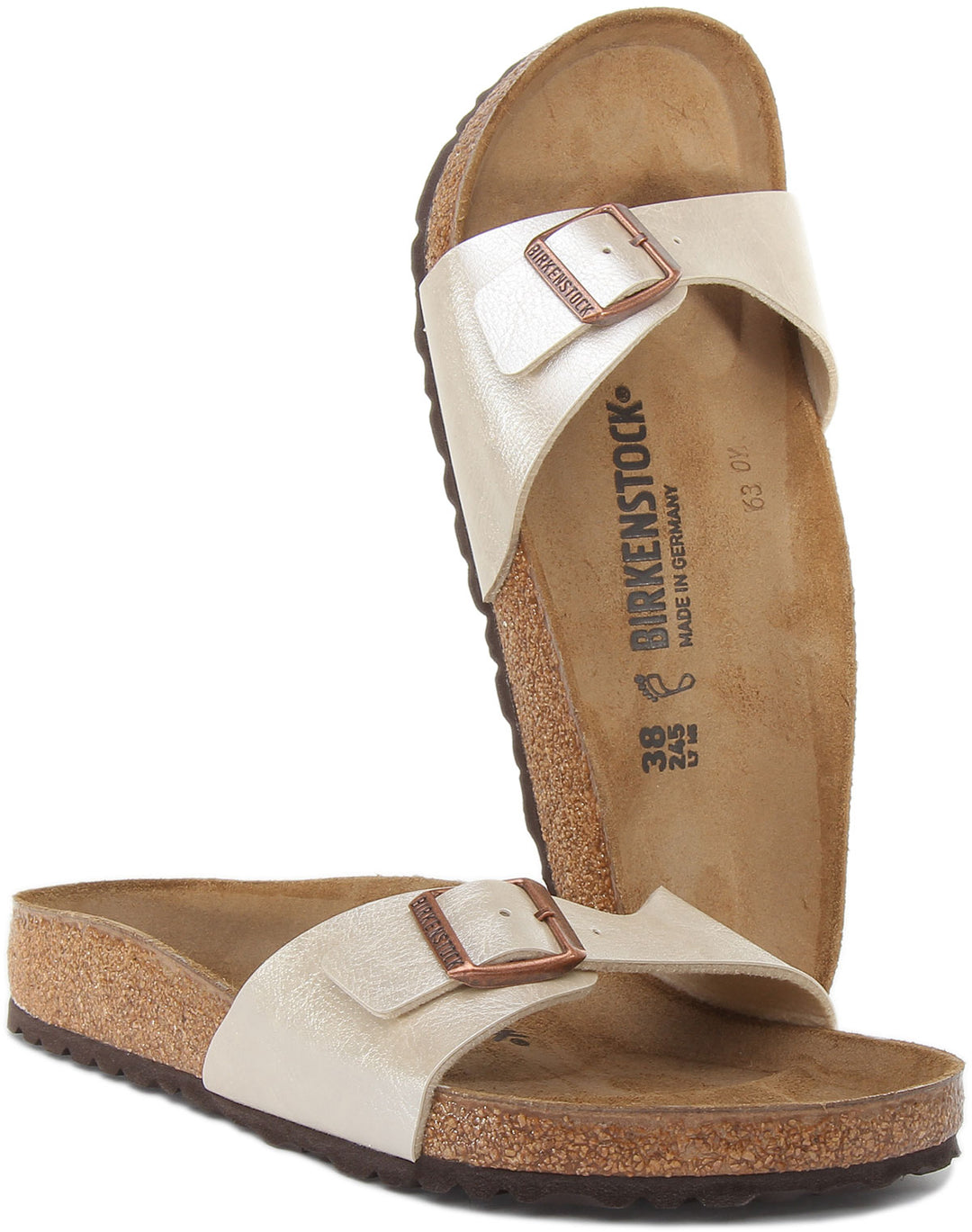 Birkenstock Madrid Sandalo da donna grazioso perla con cinturino singolo Birko Flor in bianco