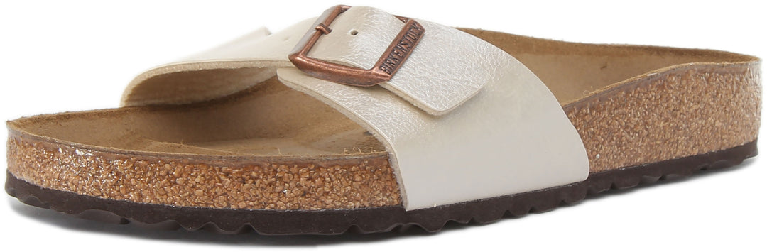 Birkenstock Madrid Sandalia Birko Flor con una sola tira de perla graciosa para mujer en blanco