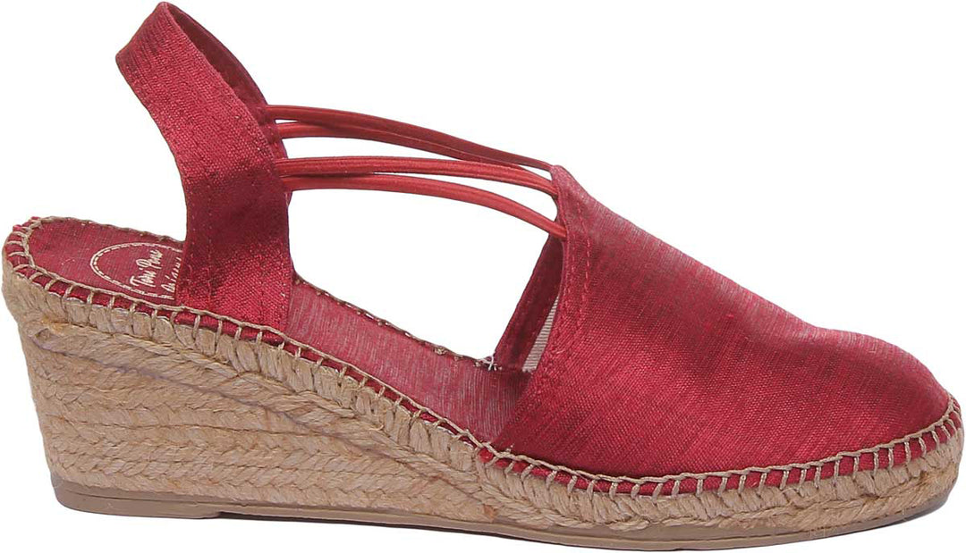 Toni Pons Turia Frauen Keilabsatz Seide Schuhe mit elastischen Riemen Rot