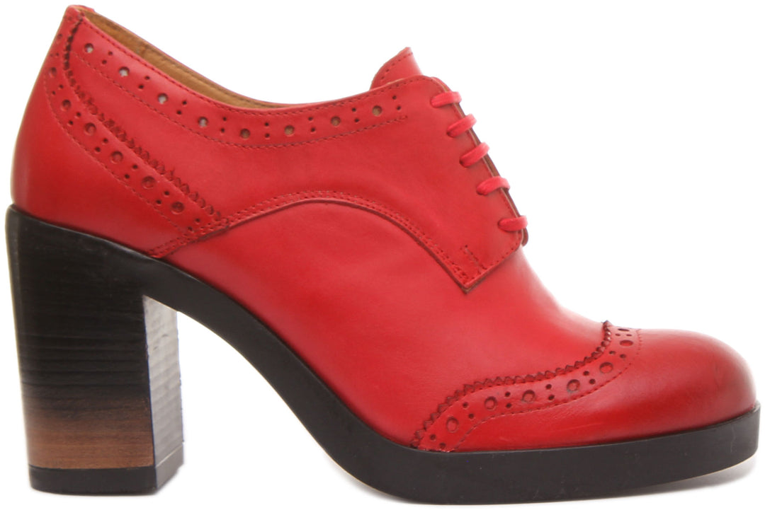 JUSTINREESS Stacy Chaussures brogue à lacets en cuir et à talon bloc pour femmes en rouge