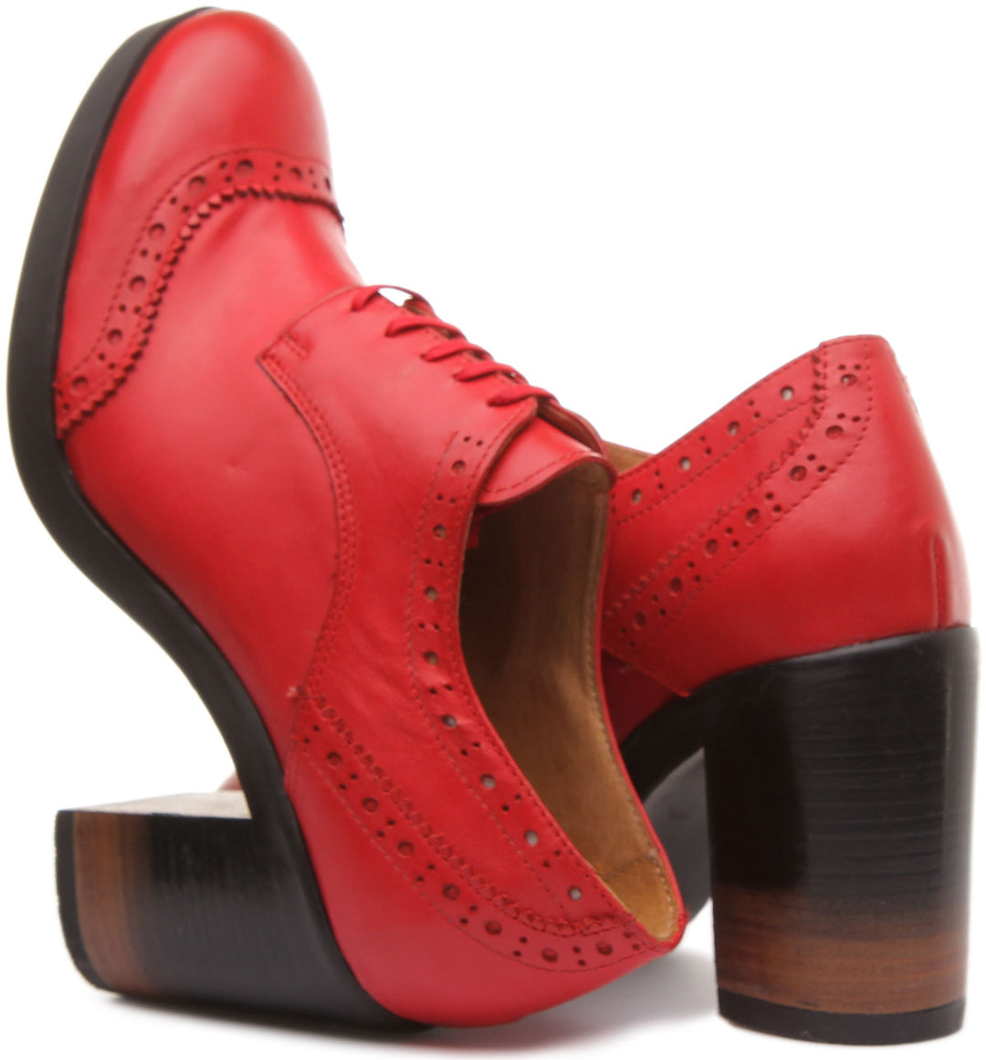 JUSTINREESS Stacy Chaussures brogue à lacets en cuir et à talon bloc pour femmes en rouge
